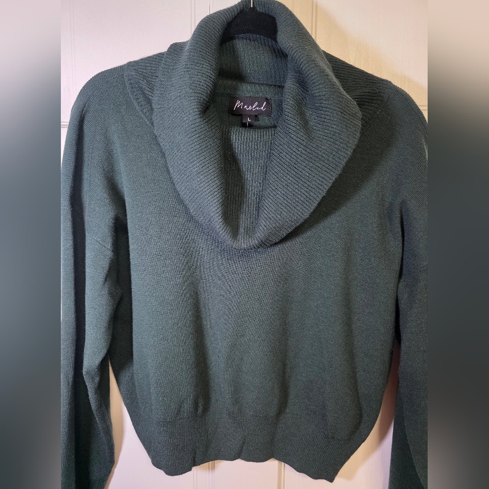 Marled Cowl Neck Cozy Crop Sweater- Women's Size Lg Dark Green NWT